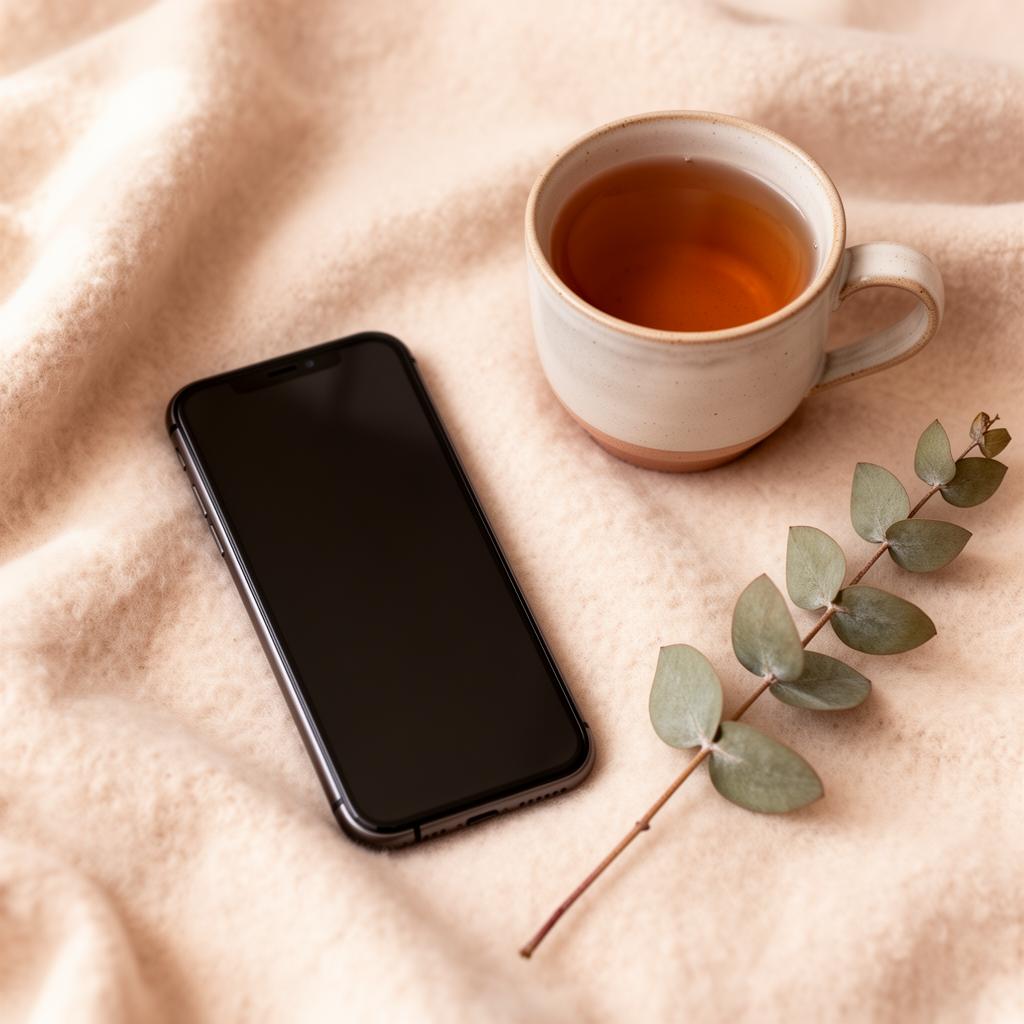 A phone resting on a soft blanket beside tea and eucalyptus